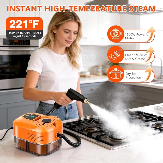 Steam Cleaner for Home & Car - 1800ML Water Tank 15s Heat-Up Portable Steamer for Cleaning, 6 Level Handheld Steam Cleaner for Car Detailing with 17 Accessories for Furniture, Grease, Carpet, Grout