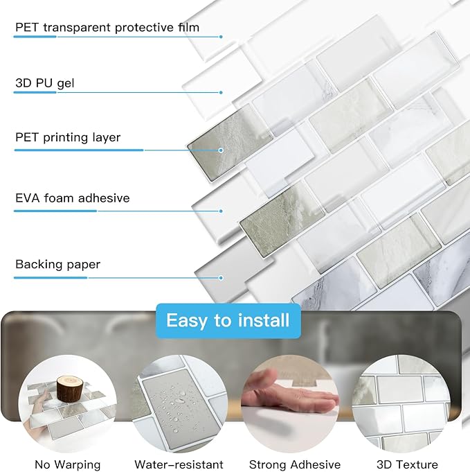 Art3d Peel and Stick Beige & White Wall Tiles – 12"x12" Thickened Design