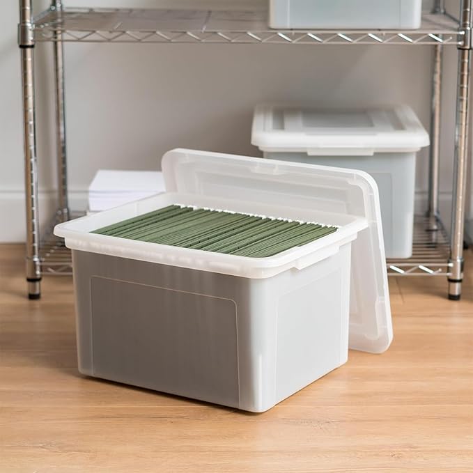 IRIS USA 8 Pack File Box, Plastic File Organizer with Lids for Letter/Legal File, Portable Document Box, Storage Bin with Secure Lid, Pearl 35 Qt.