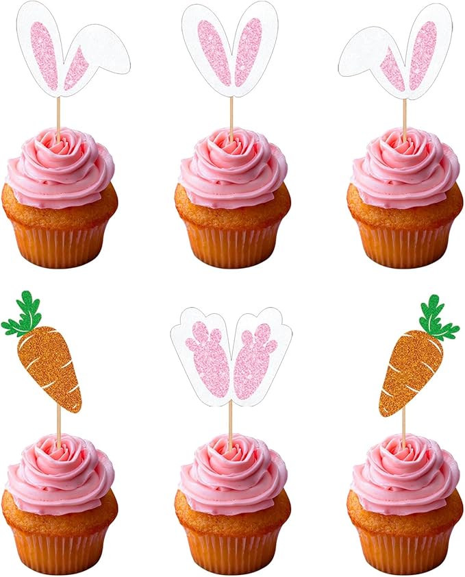 24pcs Easter Bunny Ear Cupcake Toppers, Glitter Rabbit Ears Cupcake Picks, EaSter Day Cake Toppers for Easter Theme Spring Birthday Baby Shower Party Decorations