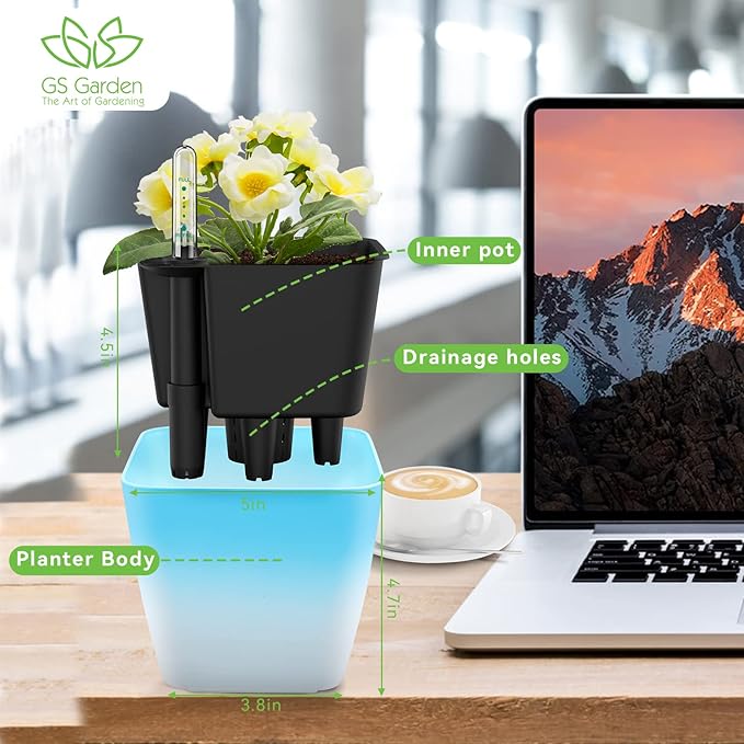 Self Watering Planters for Indoor Plants, 5.2 Inch 3 Pack Square Plastic Plant Pots with Water Level Indicator & Drainage System for African Violet Herbs Succulents - Gradient Blue