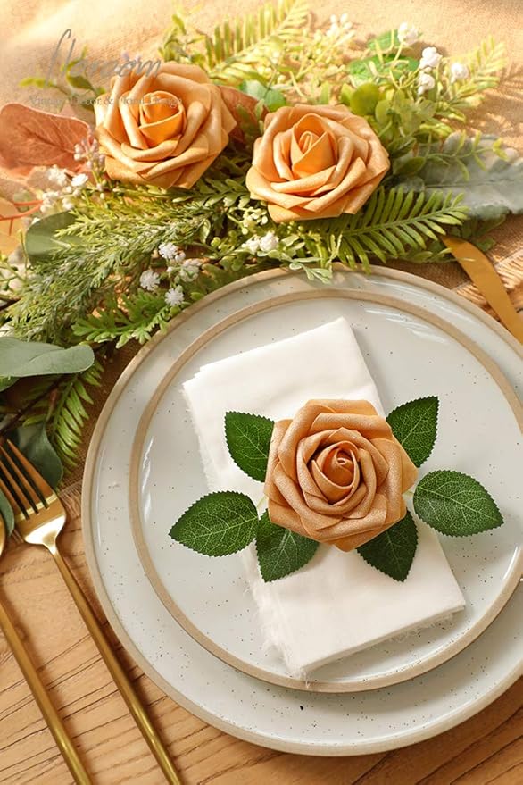 Floroom Artificial Flowers 25pcs Real Looking Gold Foam Fake Roses with Stems for DIY Wedding Bouquets Bridal Shower Centerpieces Party Decorations