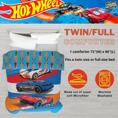Franco Kids Bedding - Super Soft Microfiber Reversible Comforter | Twin/Full Size - Hot Wheels Design