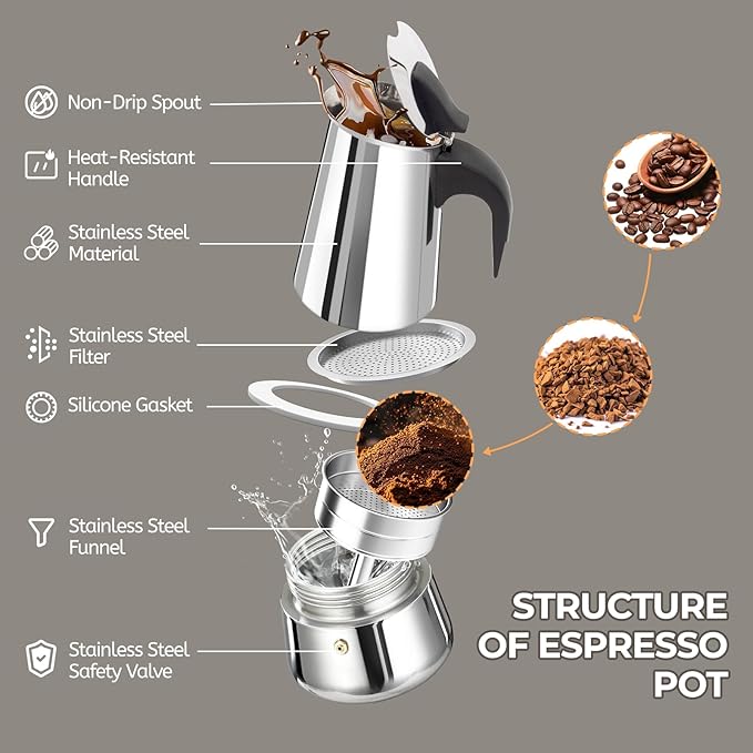 6 Cup 300ml Moka Pot Stainless Steel Espresso Coffee Maker Stovetop Percolator Coffeemaker Italian Classic Style Brewing Greca Cafe Mocha Machine for Cafeteras Lover Camping Travel and Home Use 10oz