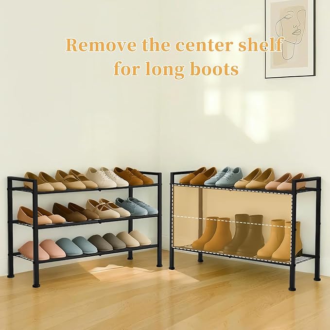 Simple 3 Tier Shoe Rack,Metal Stackable Shoe Storage Organizer for Closet,Entryway, Bedroom, Black (Black, 3-Tier)