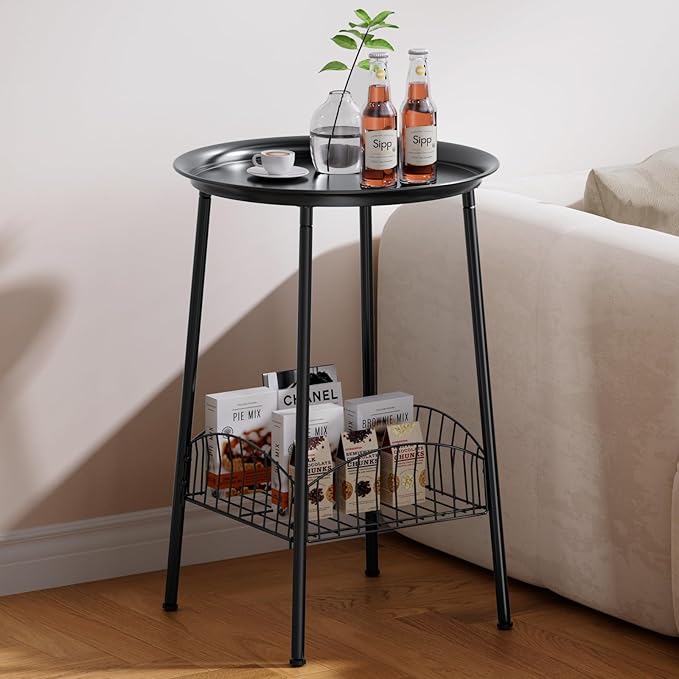Small Outdoor Side Table, 2-Tier Round Metal Patio Table, Accent Table Waterproof, Weather Resistant End Table for Yard Porch Pool Balcony Garden Bedside (Black)