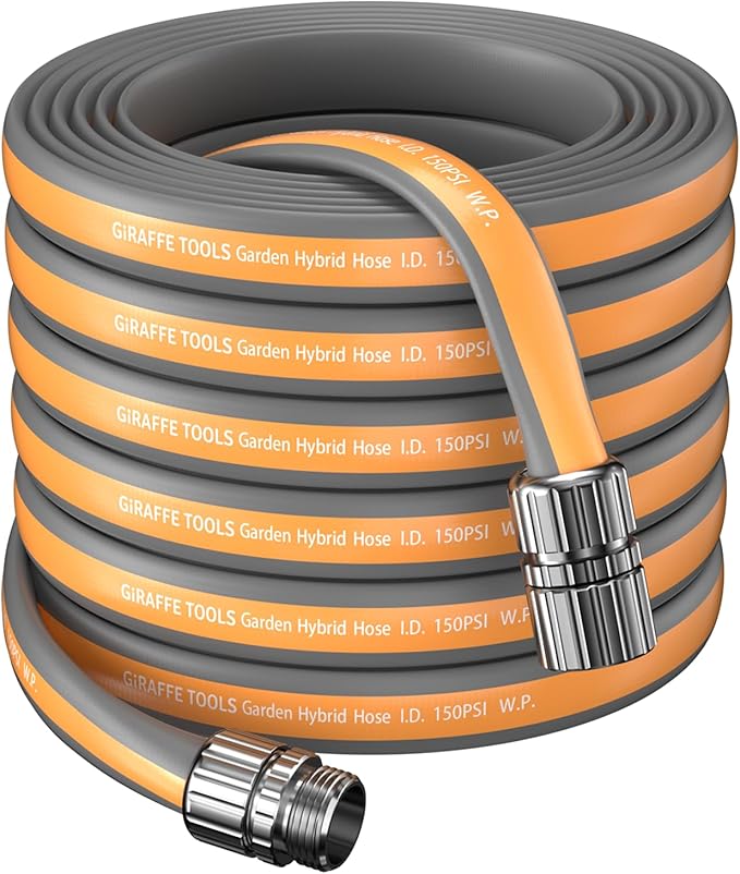 Giraffe Tools 100FT Garden Hose, 5/8" Lightweight Lay Flat Water Hose, No-Kink, Flexible Gardening Hose with Male to Female Aluminum Fitting, Customizable-Length Hose Pipe for Yard