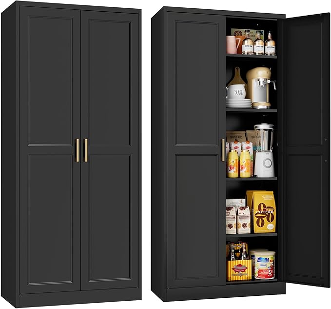 71" Tall Kitchen Storage Cabinet with Gold Handles, Metal Pantry Cabinets with 2 Doors, Food Pantry, Adjustable Shelves, Black Freestanding Pantry Cupboard for Dining, Kitchen, Living Room