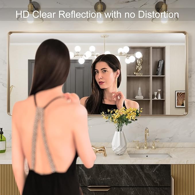 LOAAO 60”X28” Gold Bathroom Mirror, Rounded Rectangle Gold Frame Mirror