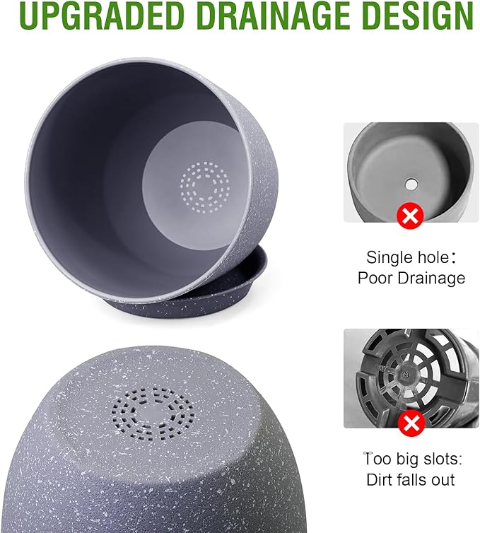 Flower Pots 9/8/7.5inch, Set of 3 Modern Decorative Plastic Planters with Drainage Holes and Saucers for Garden House Plants, Plant Pots for Indoor Outdoor Plants, Speckled Grey