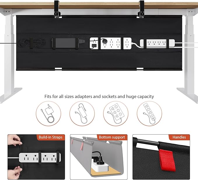 Univivi No Drill Under Desk Cable Management Tray, 48" Cord Organizer for Table, Clamp/Screw Mount Desk Cable Management, Premium Fabric Cable Management Tray for Office, Home (Extra Large)