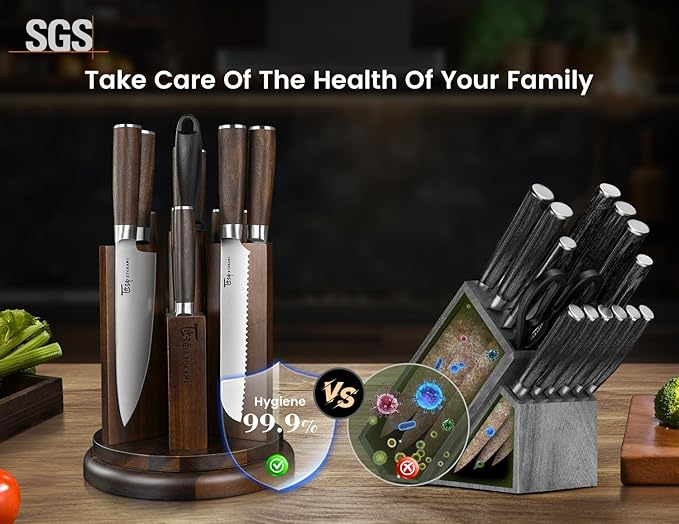 Kitchen Knife Set with Magnetic Block and Sharpener 14 Piece Knife Set 360° Rotatable Holder Ultra Sharp High Carbon Stainless Steel Knives Sets with Steak Knives, Anti-slip Ergonomical Handle