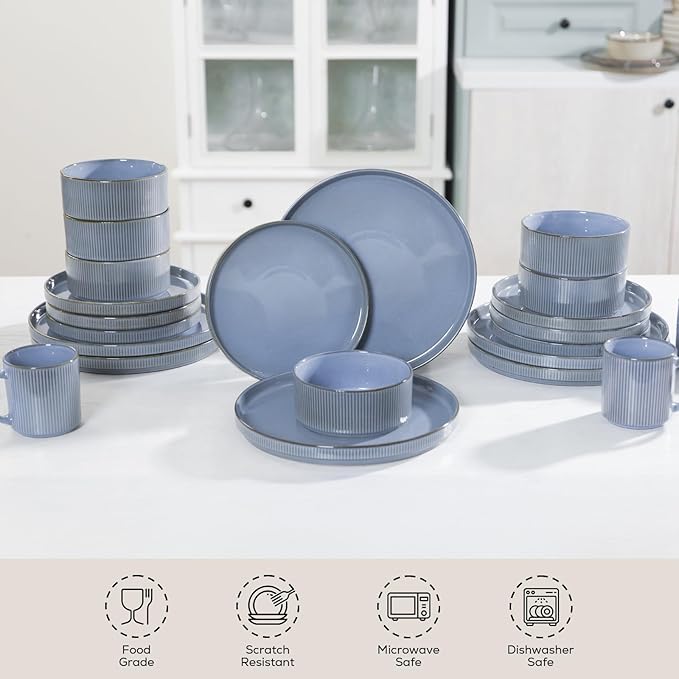 Romswi Dinnerware Set for 4, 16Pcs Stoneware Plates and Bowls Sets with Mugs, Chip & Scratch Resistant Dish Set, Handmade Reactive Glaze Plate Set, Oven, Microwave and Dishwasher Safe, Gray Blue