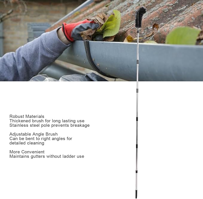 Diydeg Gutter Cleaning Tools from The Ground, 9.5ft Reach Telescopic Rain Gutter Cleaner with Quick Connect Adapter, Bendable Nylon Brush & Rotating Mirror for Garden Hose