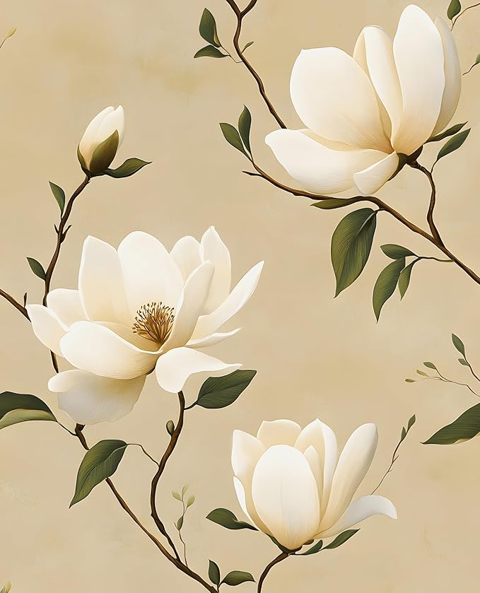 Vintage Floral Peel and Stick Wallpaper Khaki White Flowers Contact Paper
