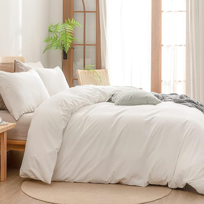 BESTOUCH Duvet Cover Set 100% Washed Cotton Linen Feel Super Soft Comfortable Chic Lightweight 3 PCs Home Bedding Set Solid Off White Oversized King