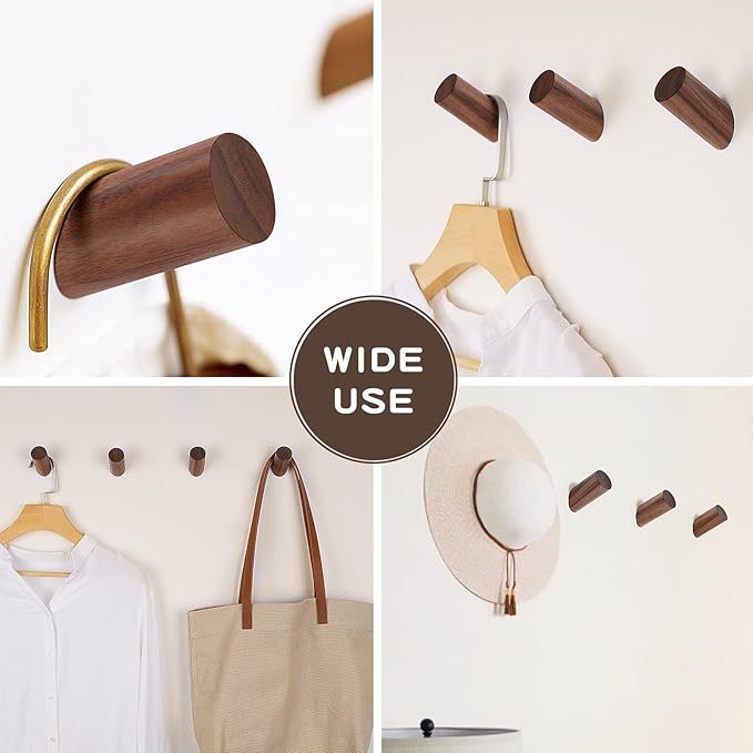 Felidio Wooden Wall Hooks, 2 Pack Coat Hooks Wall Mount, Natural Wood Hooks