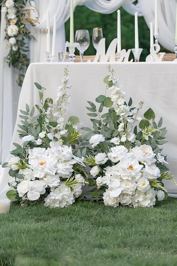 TINGE TIME Free-Standing Artificial Flower Set of 2, Table Centerpiece with Rubber Pad, Silk Fake Flower for Wedding Centerpiece Archway Aisle Welcome Entrance (IvoryWhite)