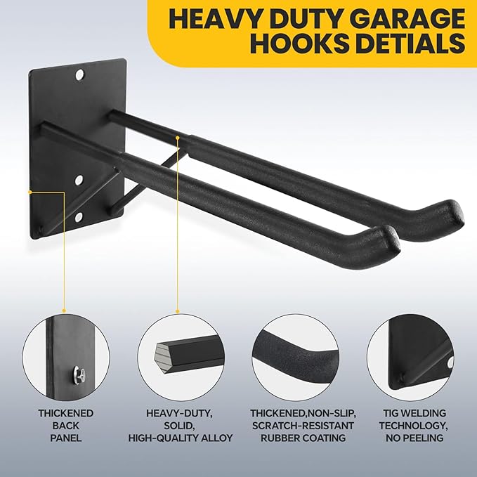 14" Large Heavy Duty Garage Hooks, 4-Pack Steel Garage Storage Hooks with Support Rods, Utility Wall Mount Hangers for Power Tools, Car Tires, Ladders, Chairs, Garden Tools and More
