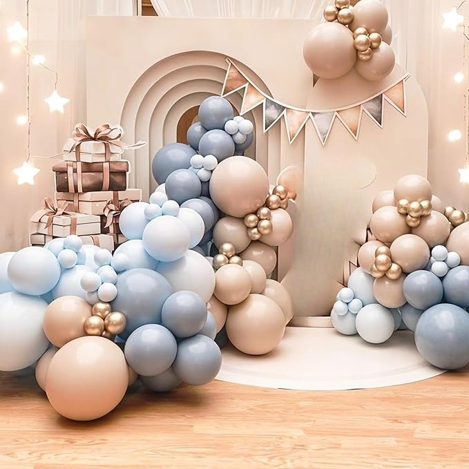 Dusty Blue Balloon Arch Kit,122Pcs Light Blue Sand White Metallic Gold Matte Balloons for Kids Boy Baby Shower Decorations Wedding Graduation Bridal Engagement Birthday Party Supplies