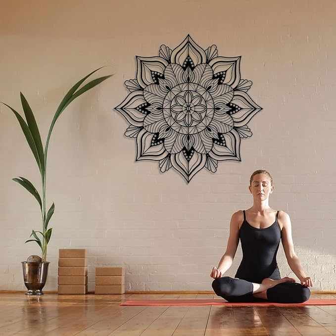 Resama Large Metal Mandala Wall Decor, Unique Lotus Flower Wall Art, Suitable for Office and Home Indoor and Outdoor Decoration (Black, 45''x22.6'' / 114x57.5cm)