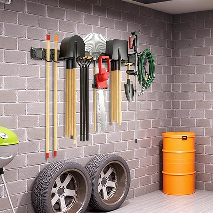Garvee 48 Inch Garage Tool Organizer Wall Mount, Heavy Duty Garden Tool Storage Organization with 8 Adjustable Hooks, 13 Pack Yard shed Tool Organizer System for Shovel Rake Broom Ladders