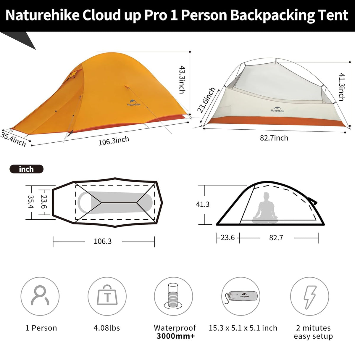 Naturehike Cloud-Up 1 Person Tent, Lightweight Backpacking Tents for One Man, Waterproof Ultralight One Person Tent for Camping Hiking Backpacking
