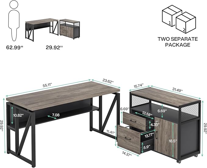 Tribesigns Grey Executive Desk with Cabinet, 55" L Shaped Computer Desk and lateral File Cabinet with Locks, 2 Piece Home Office Furniture Set for Hanging (Gray, 55 inches)