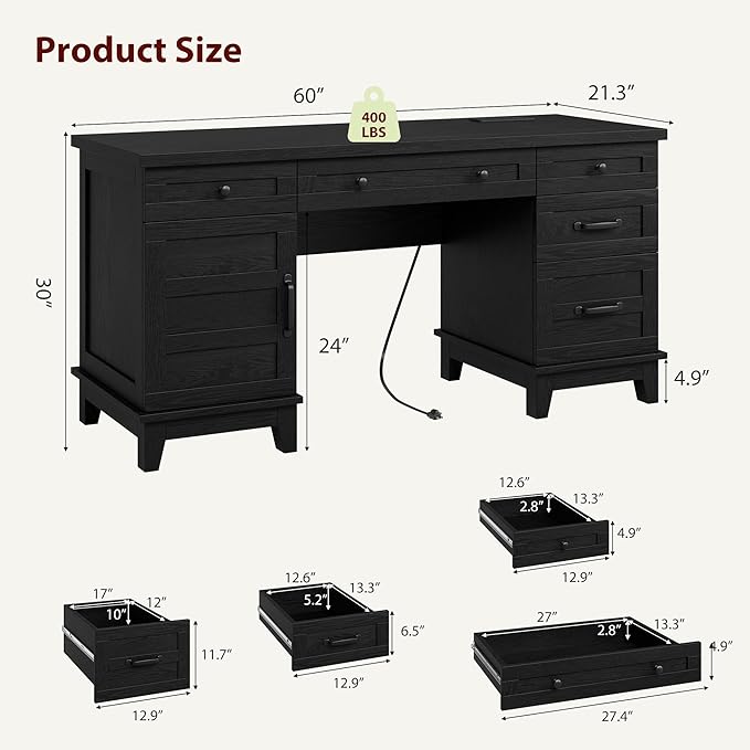 GarveeHome Farmhouse Executive Desk with File Drawers, 60 in Home Office Desk with Charging Station, Wooden Computer Desk with Cabinet Storage for Work Study Writing, Rustic Black
