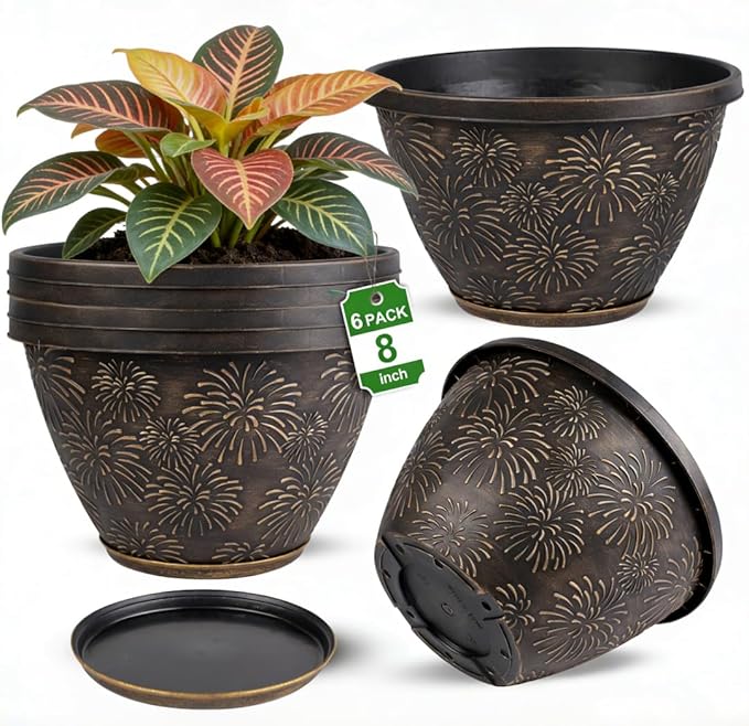 Nooulap 6 Pack 8 inch Plant Pots, Retro Firework Embossed Flower Pots with Drainage Holes and Saucer, Durable Plastic Plant Pots for Indoor Outdoor Gardening and Home Decoration