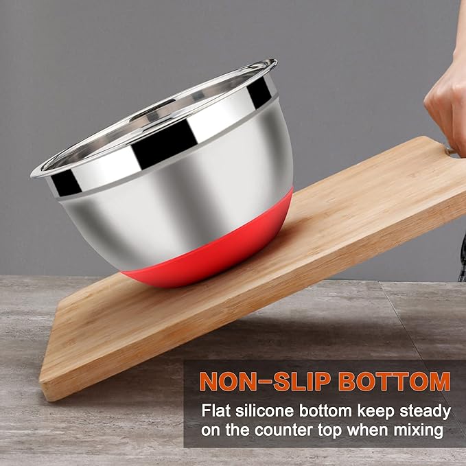 LIANYU Mixing Bowls Set of 6 with Airtight Lids, Size 7, 3.5, 2.5, 2, 1.5, 1QT Large Metal Stainless Steel Nesting Bowls for Cooking, Baking, Food Storage, Non-slip Bottom, Red