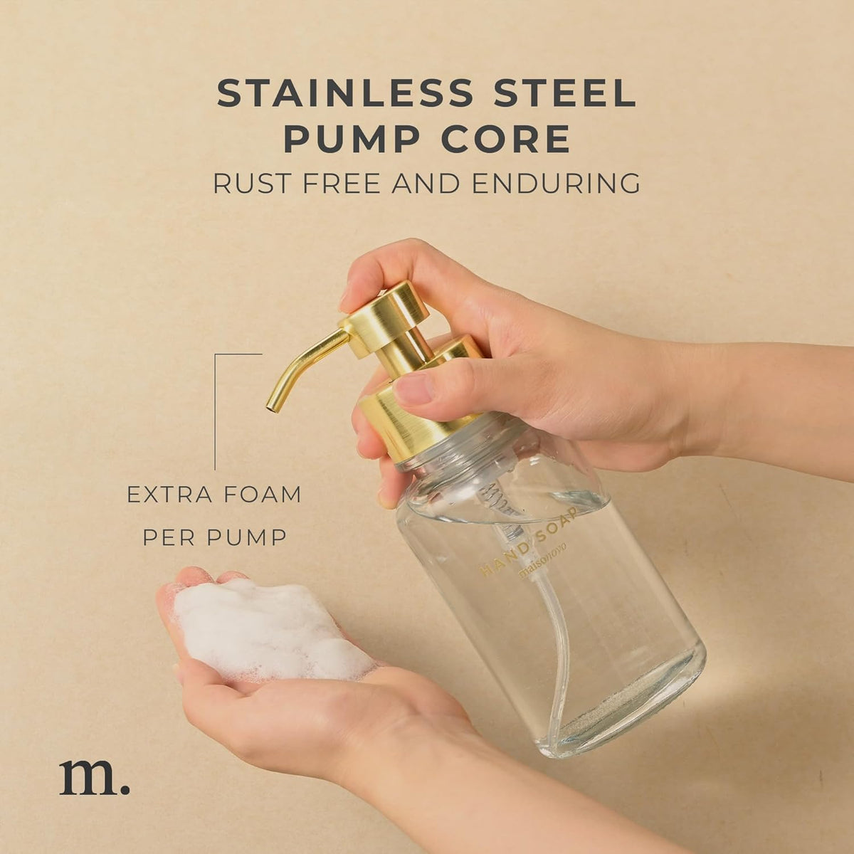 MaisoNovo Glass Foaming Hand Soap Dispenser 14 Oz | Gold Foaming Soap Dispenser Clear Bottle Gold Pump x 1 w/Labels