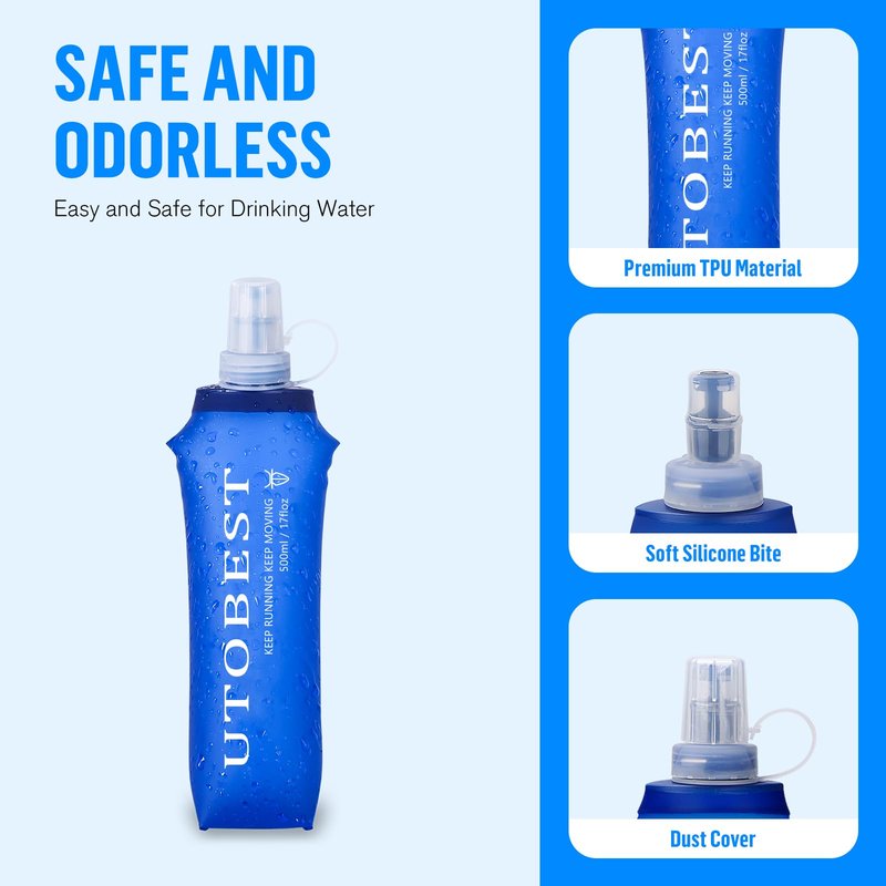 UTOBEST Soft Flask, 2 Pack Soft Flask Running Bottles 500ml,TPU Foldable Running Flask, Portable Collapsible Flask Handheld for Travel Traveling Hiking Cycling City Walk