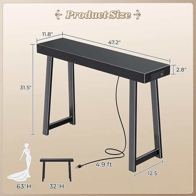 Huuger Entryway Console Table with Charging Station, USB-C Port, 47.2 Inch Sofa Table with Metal Legs, Entry Hallway Table with Thicker Desktop, Modern Behind Couch Table, Black