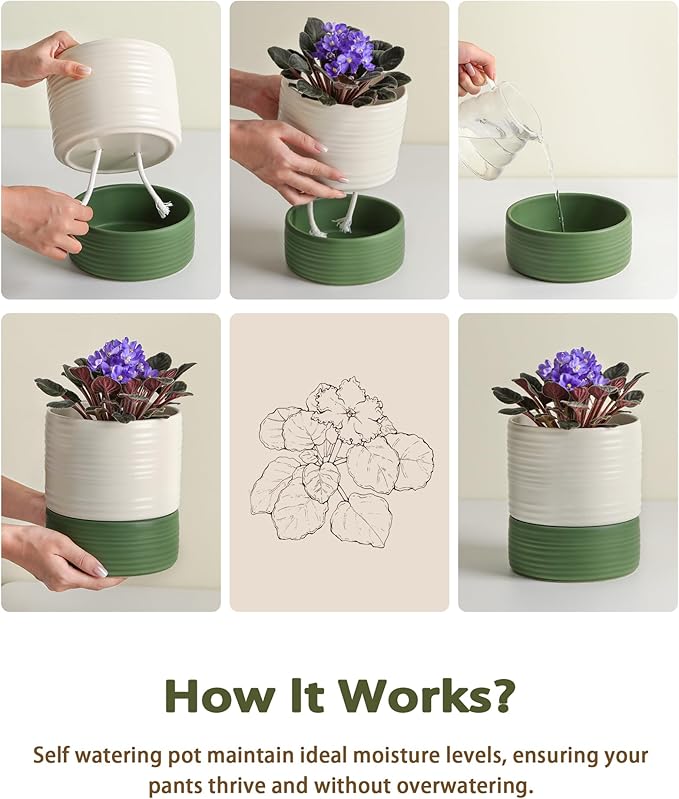 Fayoula Self Watering Pots for Indoor Plants, 6 Inch Ceramic Self Watering Plant Pot, Planter Pot with Wick Rope and Drainage Hole for African Violet Succulent Herbs (White Matte)