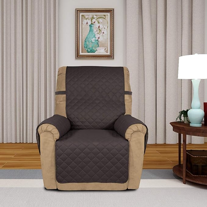 PureFit Reversible Quilted Sofa Cover, Water Resistant Slipcover Furniture Protector, Washable Couch Cover with Non Slip and Elastic Straps for Kids, Dogs, Pets (Small Recliner, Chocolate/Chocolate)