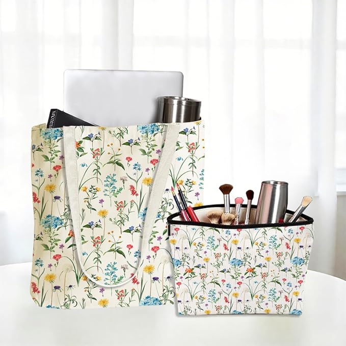 Flower Plant Lover Gifts for Women Canvas Tote Bag with Makeup Bag Cosmetic Bags Grocery Bags for Shopping Christmas