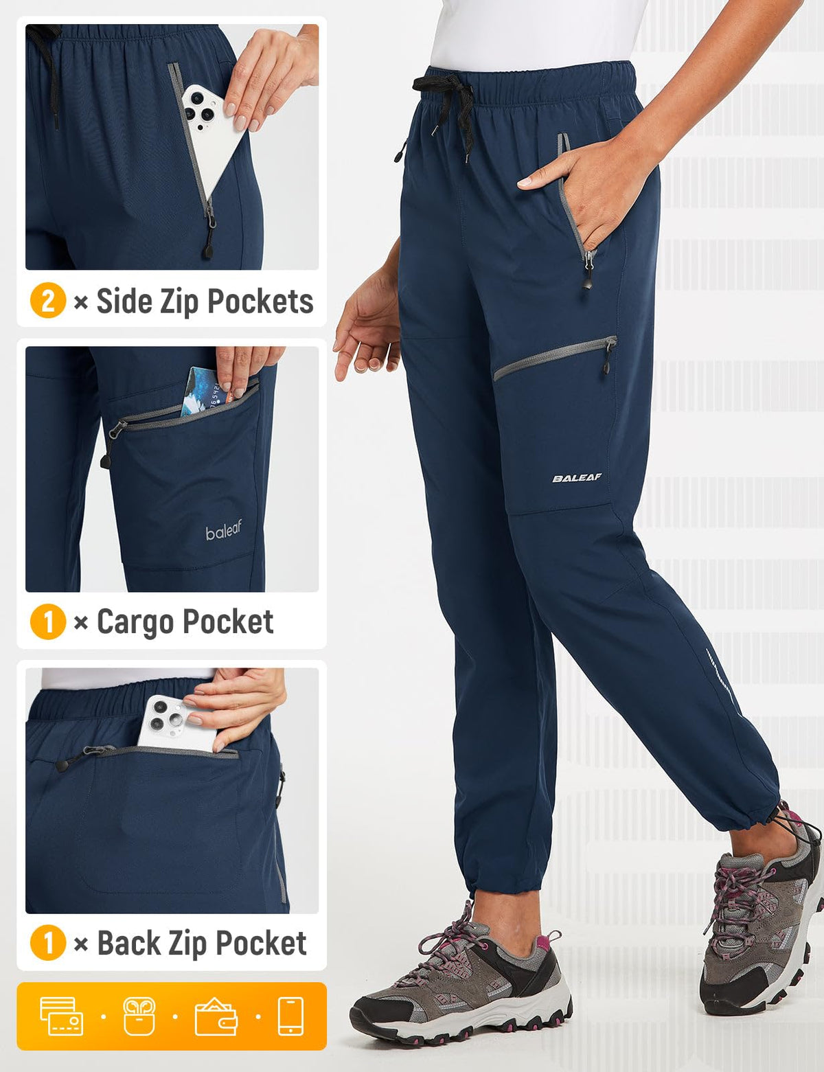 baleaf Women's Hiking Pants Quick Dry Lightweight Water Resistant Stretch Cargo Pants with Zipper Pockets Travel Camping 29''-Navy Blue 2XL