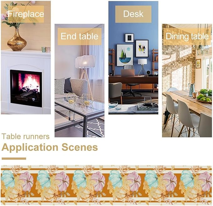 Watercolor Pumpkin Table Runner Rustic Farmhouse Autumn Plants Colorful Leaves Pastoral Harvest Theme Home Decor for Farmhouse Indoor Outdoor Party Holiday Dining Kitchen Restaurant Cafe W13xL108in
