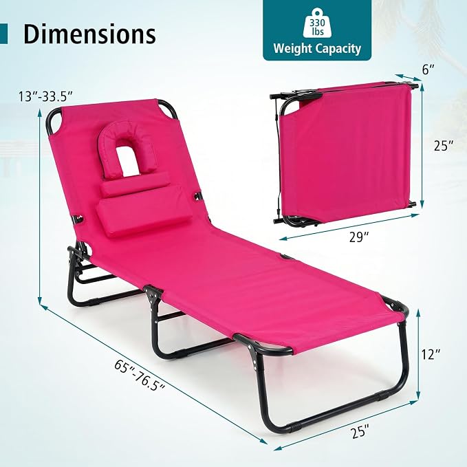 GYMAX Tanning Chair, 330lbs Beach Lounge Chair with Face Hole, Washable Pillow & Carry Strap, Adjustable Folding Chaise Lounge, Layout Chair for Outside, Patio, Poolside, Lawn (1, Pink)
