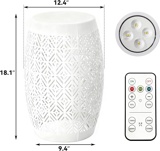 18" Cutout Metal Outdoor Side Table with 3-Mode LED Lights, Modern Decorative Drum End Table, Versatile Coffee Table/Garden Stool/Night Stand/Plant Stand for Patio, Living Room, Bedroom