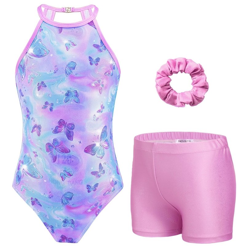 Zaclotre Girls Gymnastics Leotards Hollow Back Sleeveless Sparkly Dance Outfit with Gym Shorts for Little Kids 3-4 Years
