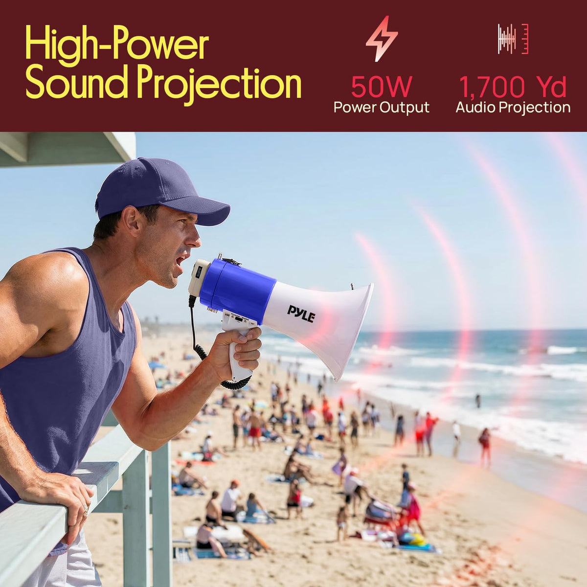 Pyle 50W Megaphone Bullhorn Speaker – Portable Bluetooth, Alarm Siren, Adjustable Volume up to 1700 Yards, Aux Input, USB/TF Playback, for Indoor/Outdoor Activities, Sports, and Emergency Drills –Blue