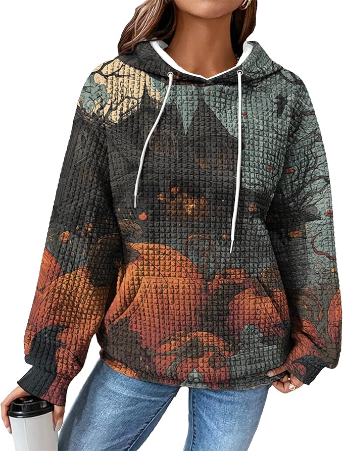 Halloween Sweatshirts for Women Novelty Graphic Drawstring Waffle Hoodies Loose Casual Pullover Tops with Pocket