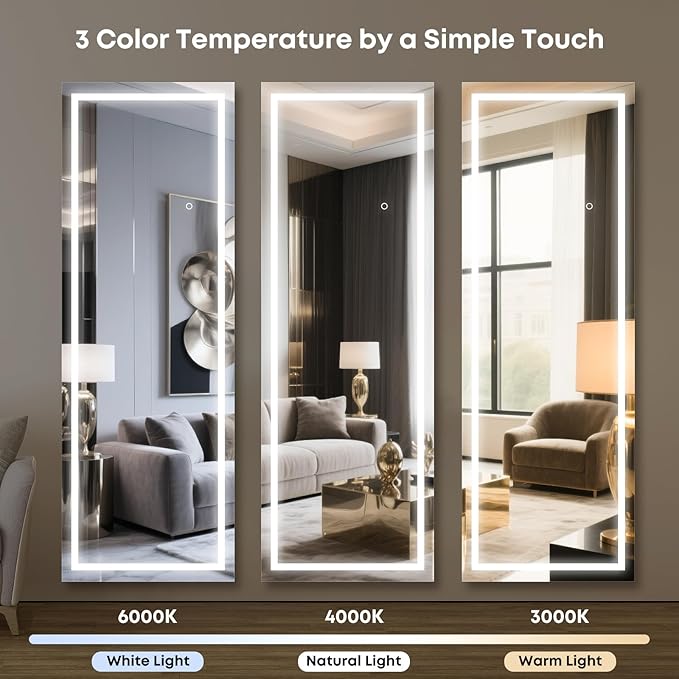 Kosmonia 65x24 Full Length Mirror, Dimmable 3 Color LED Light w/Light Memory