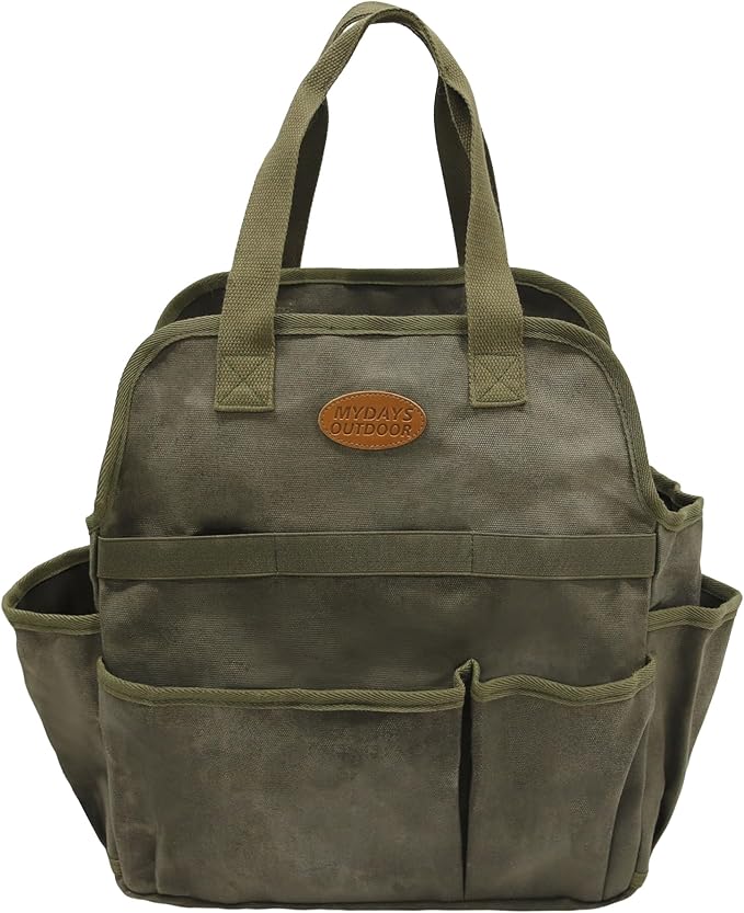 Waxed Canvas Utility Tote Bag, Large Capacity Multi-Pocket Garden Tool Bag, Heavy Duty Waterproof Work Tote for Camping, Gardening, Organizer Storage Bag for Men Women, Army Green