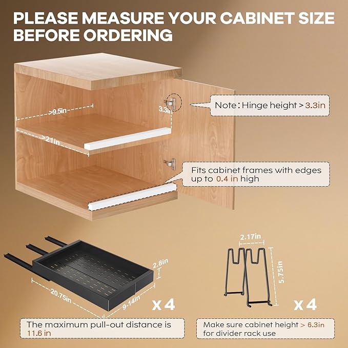 4 Pack Pull Out Cabinet Organizer 21" Deep with Raising Pad for Framed Cabinets, Expandable (9"-14" W) Slide Out Drawers for Kitchen Cabinets with 4pcs Divider Racks, Roll Out Shelves, Black