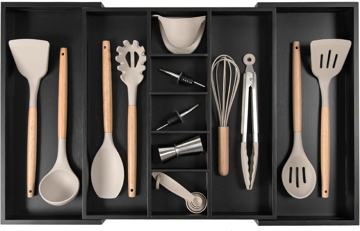 KitchenEdge Adjustable Kitchen Drawer Organizer for Utensils and Junk, Food-Safe Contract Grade with 100% Sustainable Wood, Expandable from 16 to 28 Inches Wide - Black Bamboo
