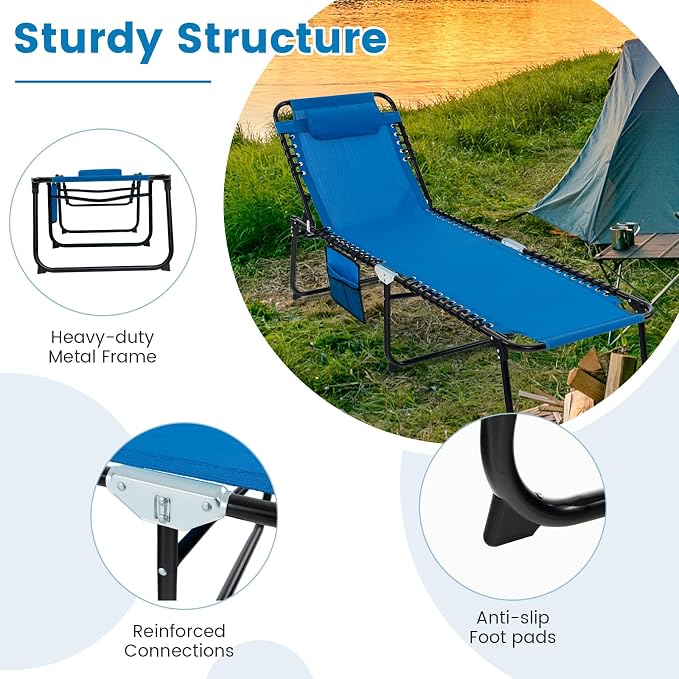Tangkula Beach Lounge Chair for Outside, Folding Chaise Lounge Outdoor with 4-Position Backrest, Removable Headrest and Side Pocket, Portable Sunbathing Tanning Chair for Patio, Poolside (2, Navy)
