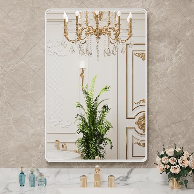 LOAAO 24x32 Inch White Metal Framed Bathroom Mirror